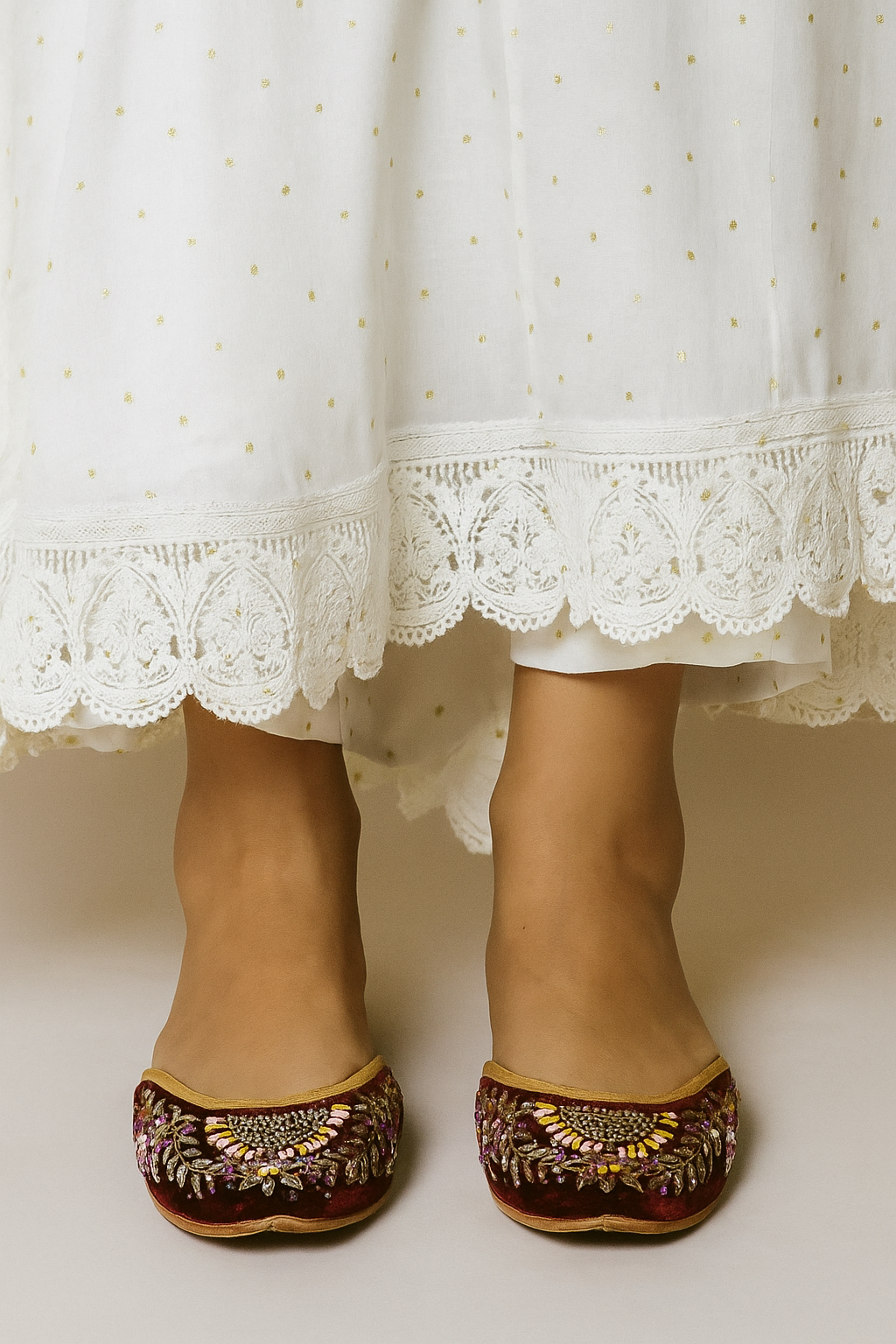 Maroon Velvet Juttis with Multicolor Zari and Sequin Embroidery