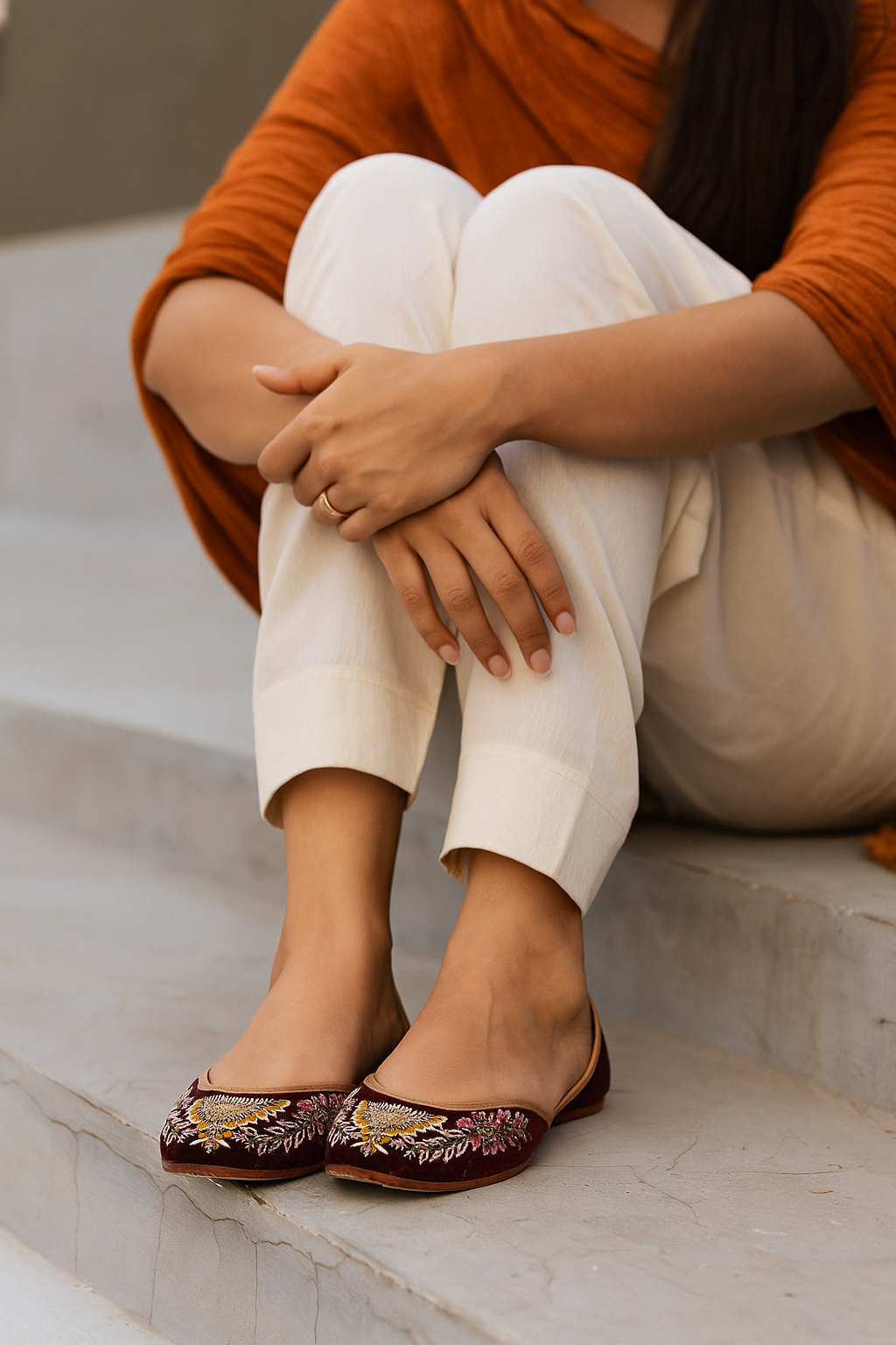 Maroon Velvet Juttis with Multicolor Zari and Sequin Embroidery