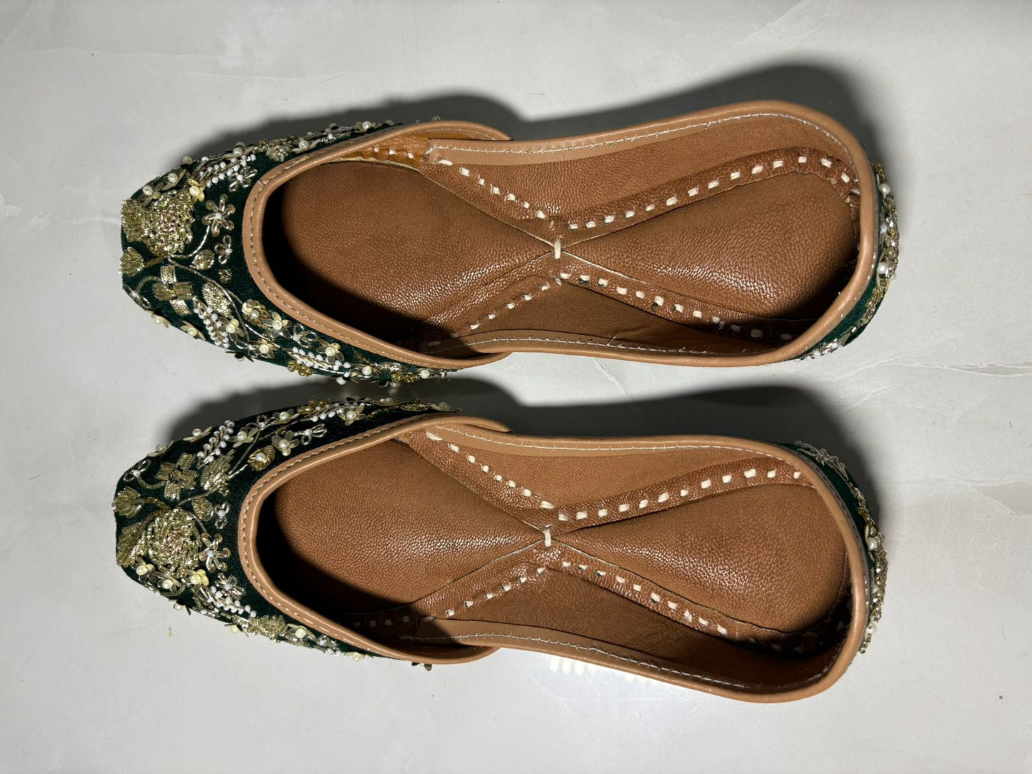 Emerald Green Hand-Embroidered Juttis with Pearl & Zari Work