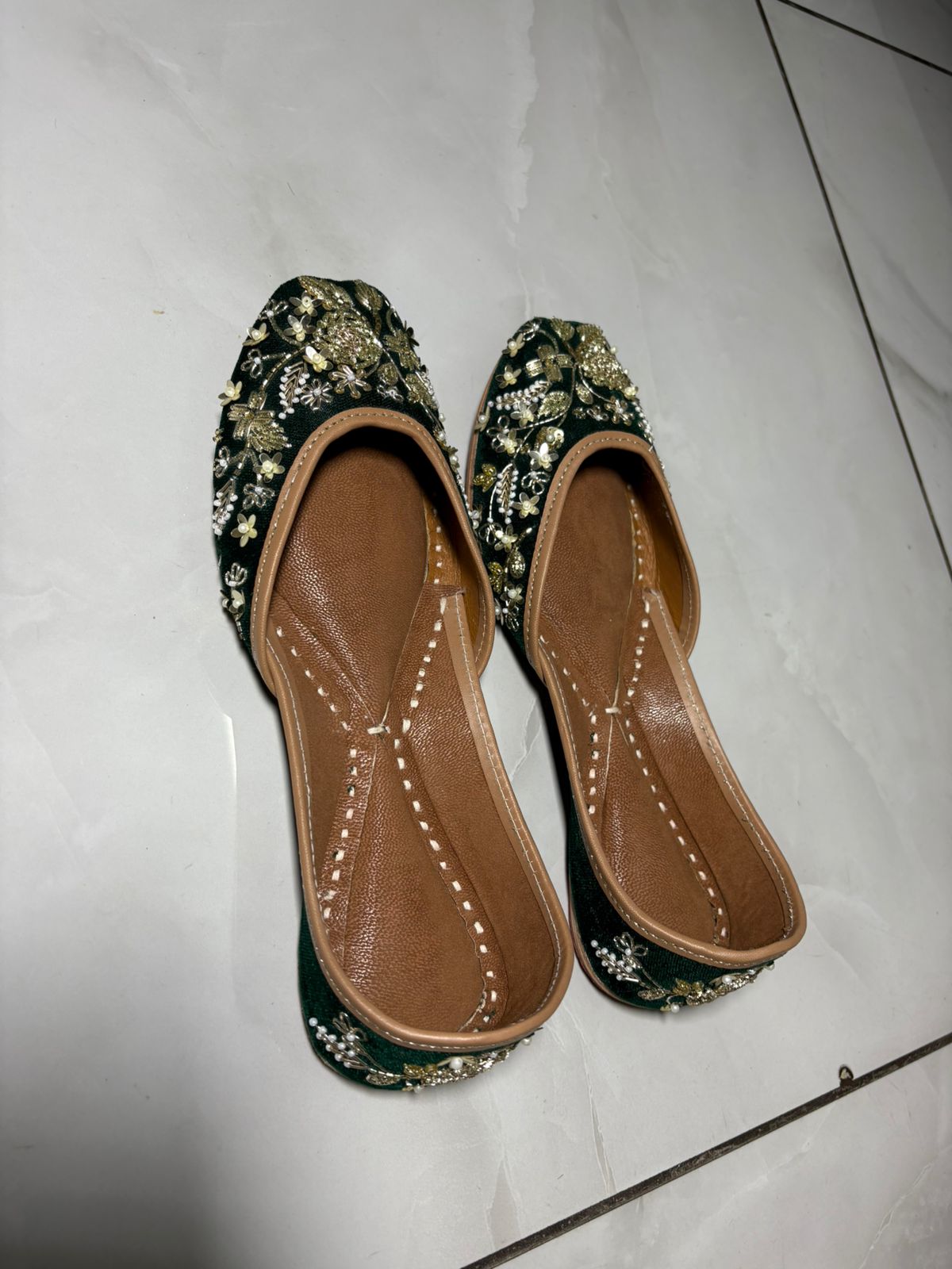 Emerald Green Hand-Embroidered Juttis with Pearl & Zari Work