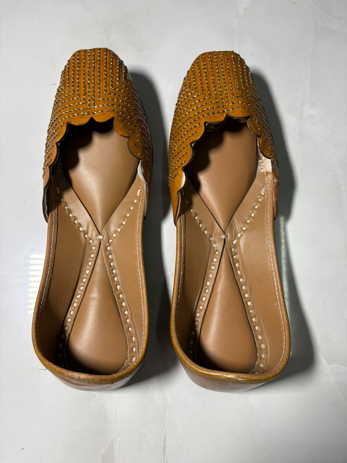 Classic Tan Scallop-Edge Juttis with Hand Bead Detailing