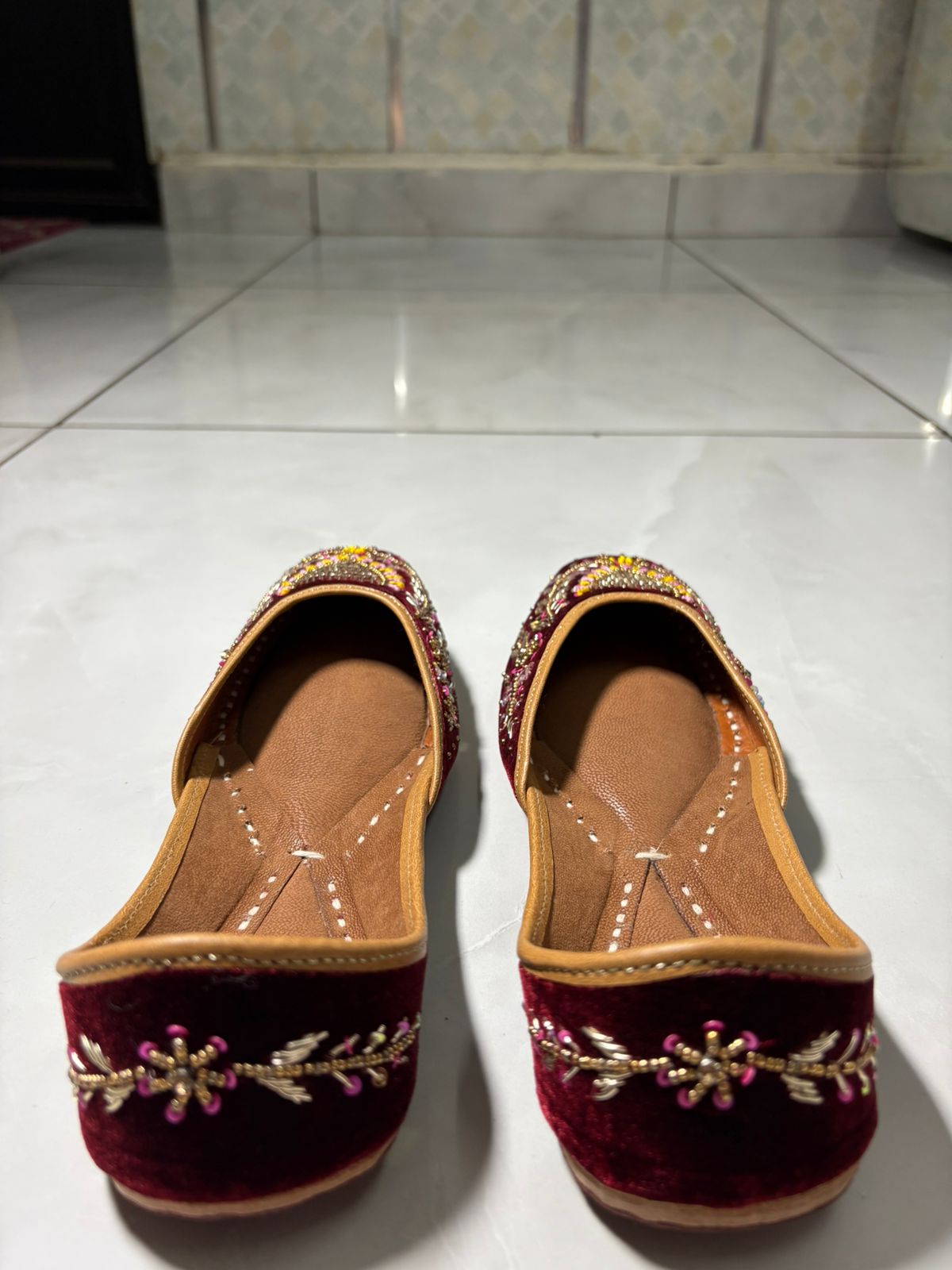 Maroon Velvet Juttis with Multicolor Zari and Sequin Embroidery