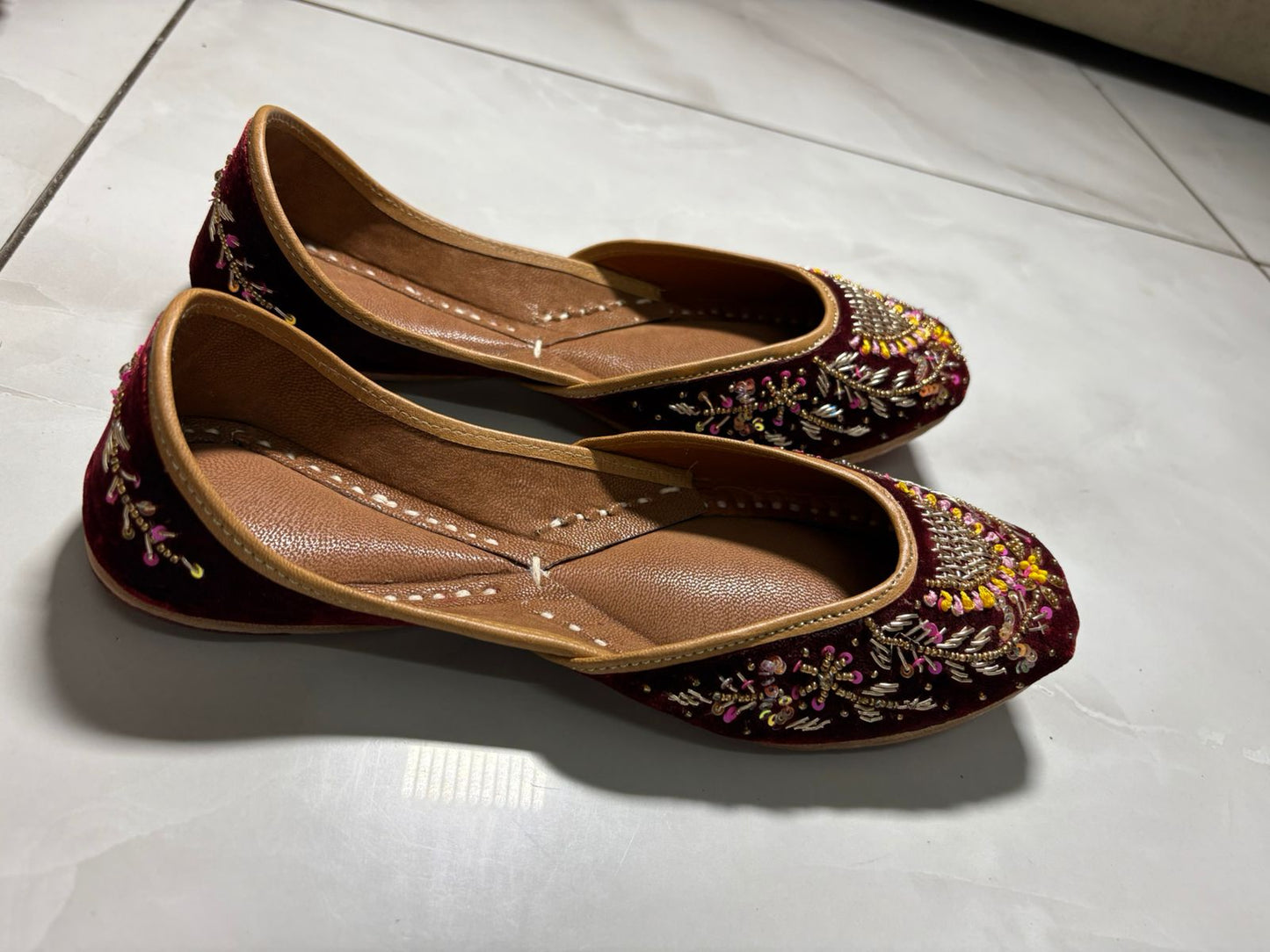 Maroon Velvet Juttis with Multicolor Zari and Sequin Embroidery