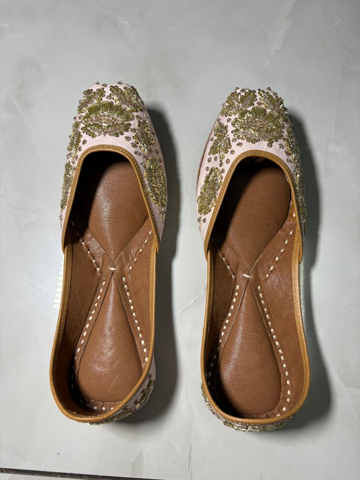 Blush Pink Juttis with Antique Gold Bead and Zari Embroidery