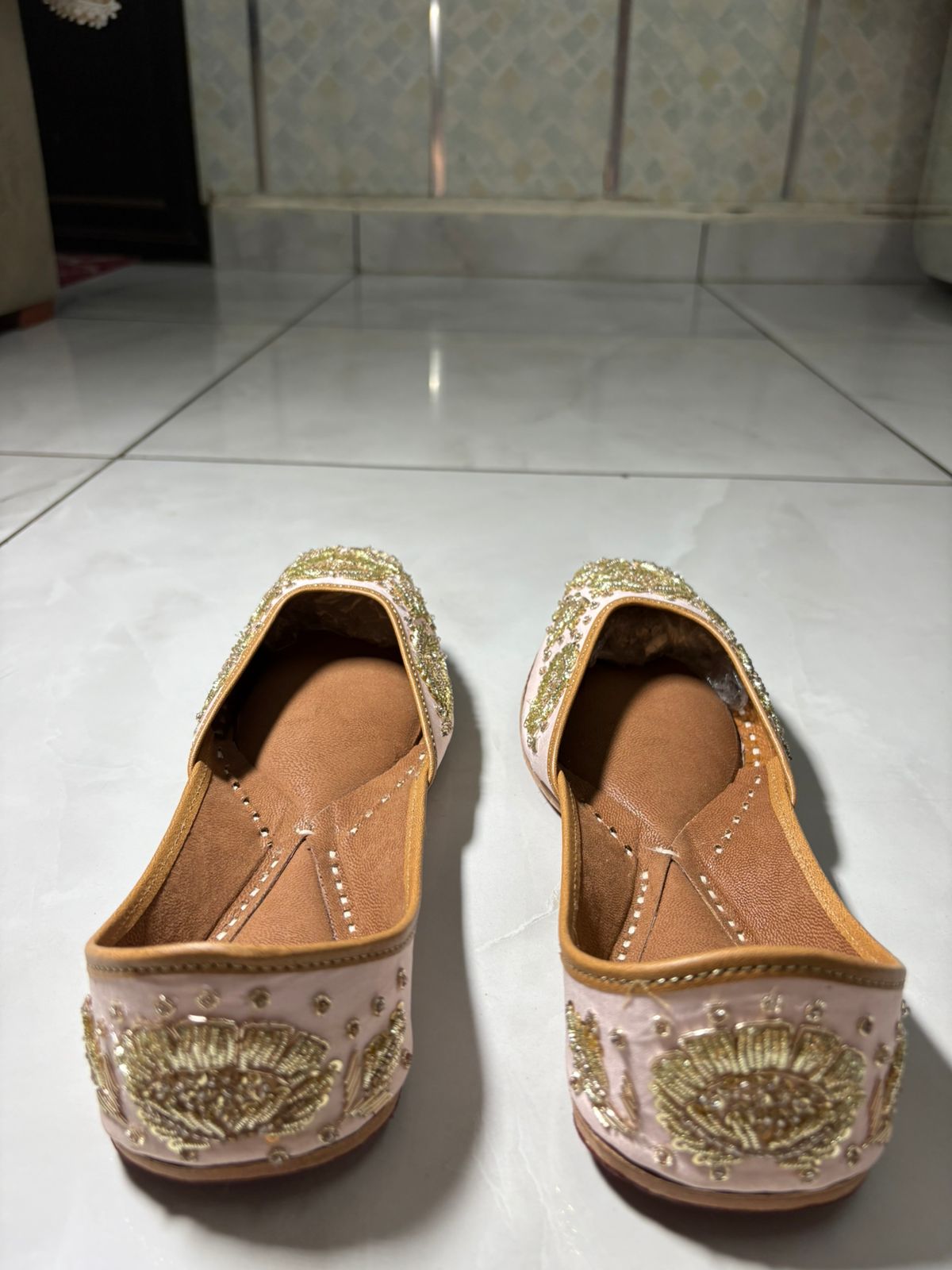 Blush Pink Juttis with Antique Gold Bead and Zari Embroidery