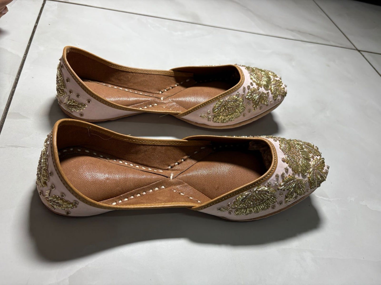 Blush Pink Juttis with Antique Gold Bead and Zari Embroidery