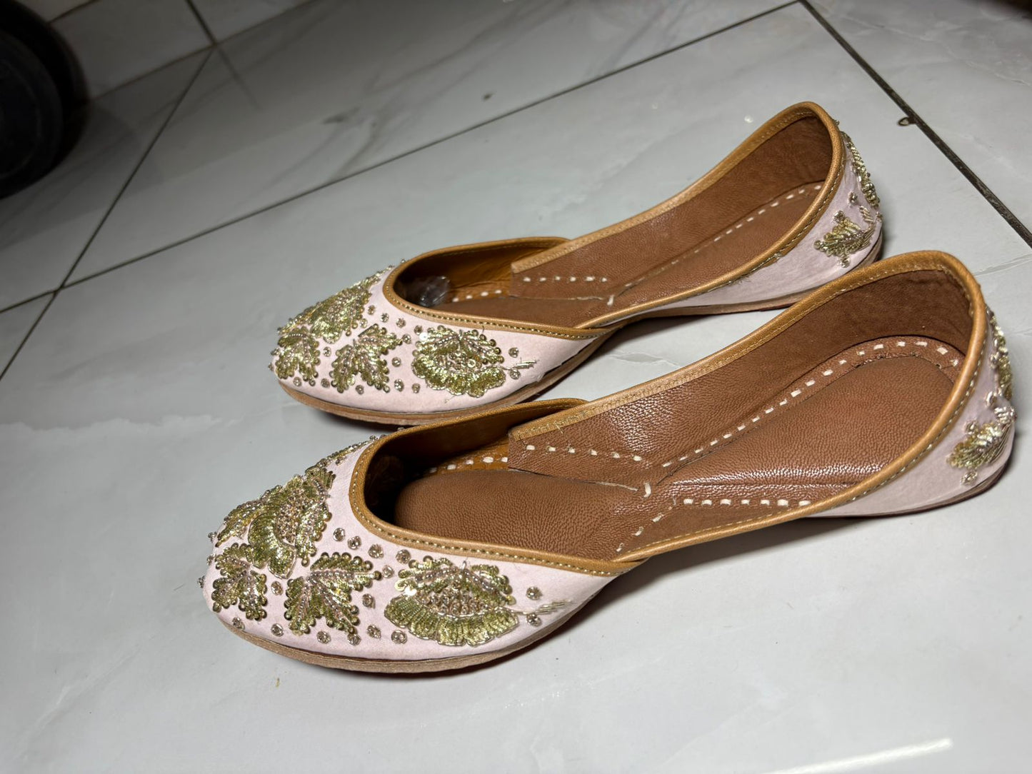 Blush Pink Juttis with Antique Gold Bead and Zari Embroidery