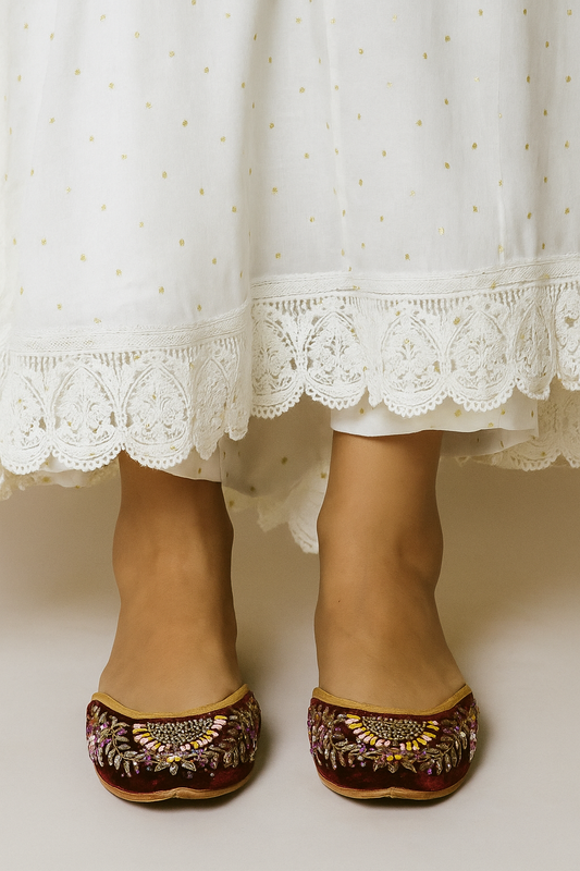 Maroon Velvet Juttis with Multicolor Zari and Sequin Embroidery