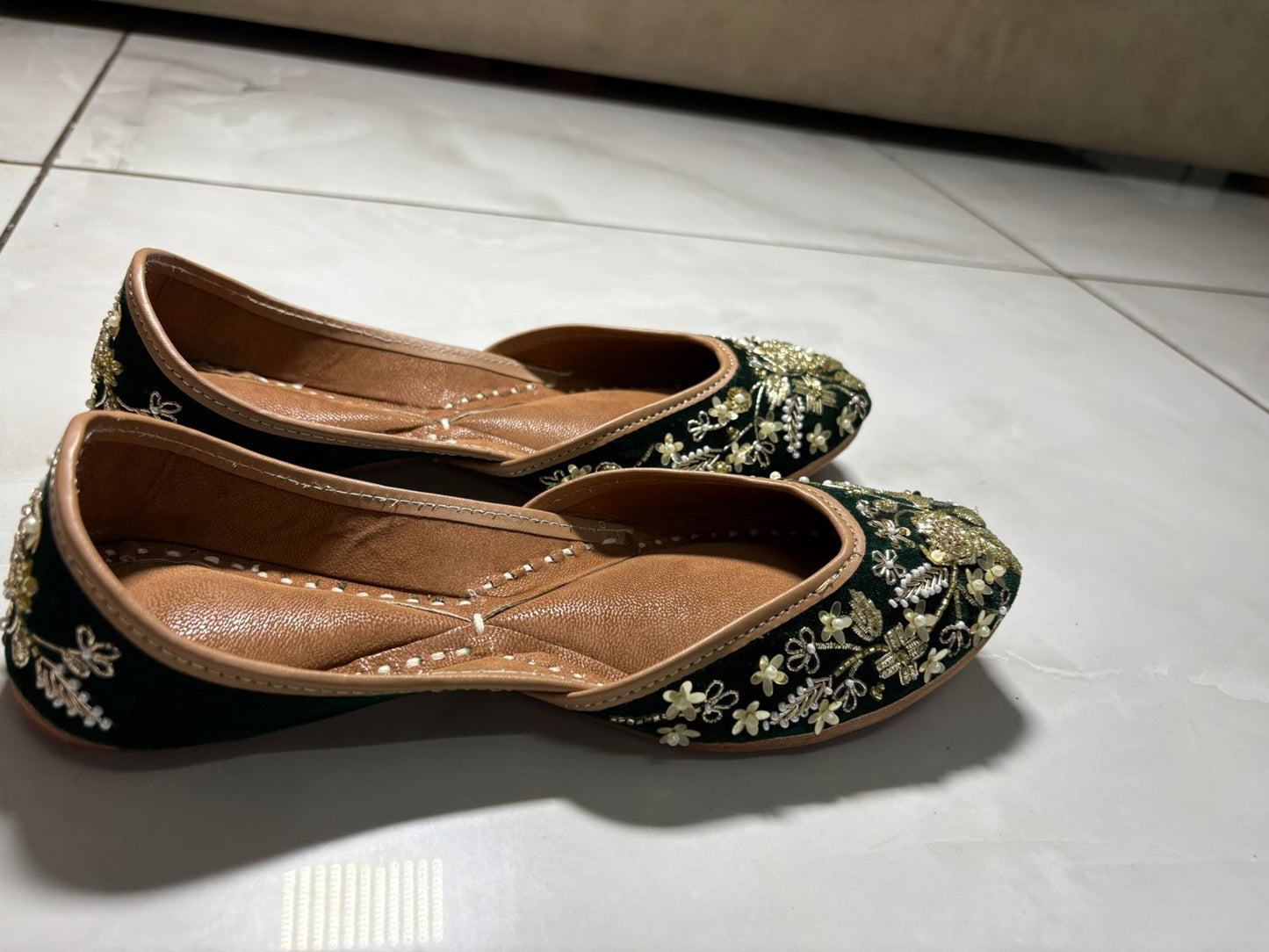 Emerald Green Hand-Embroidered Juttis with Pearl & Zari Work